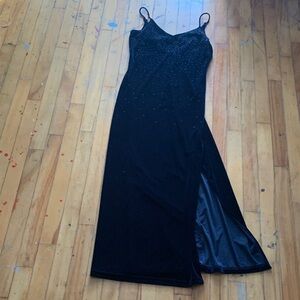 Y2K navy velvet low back maxi dress with embellished front festive holiday